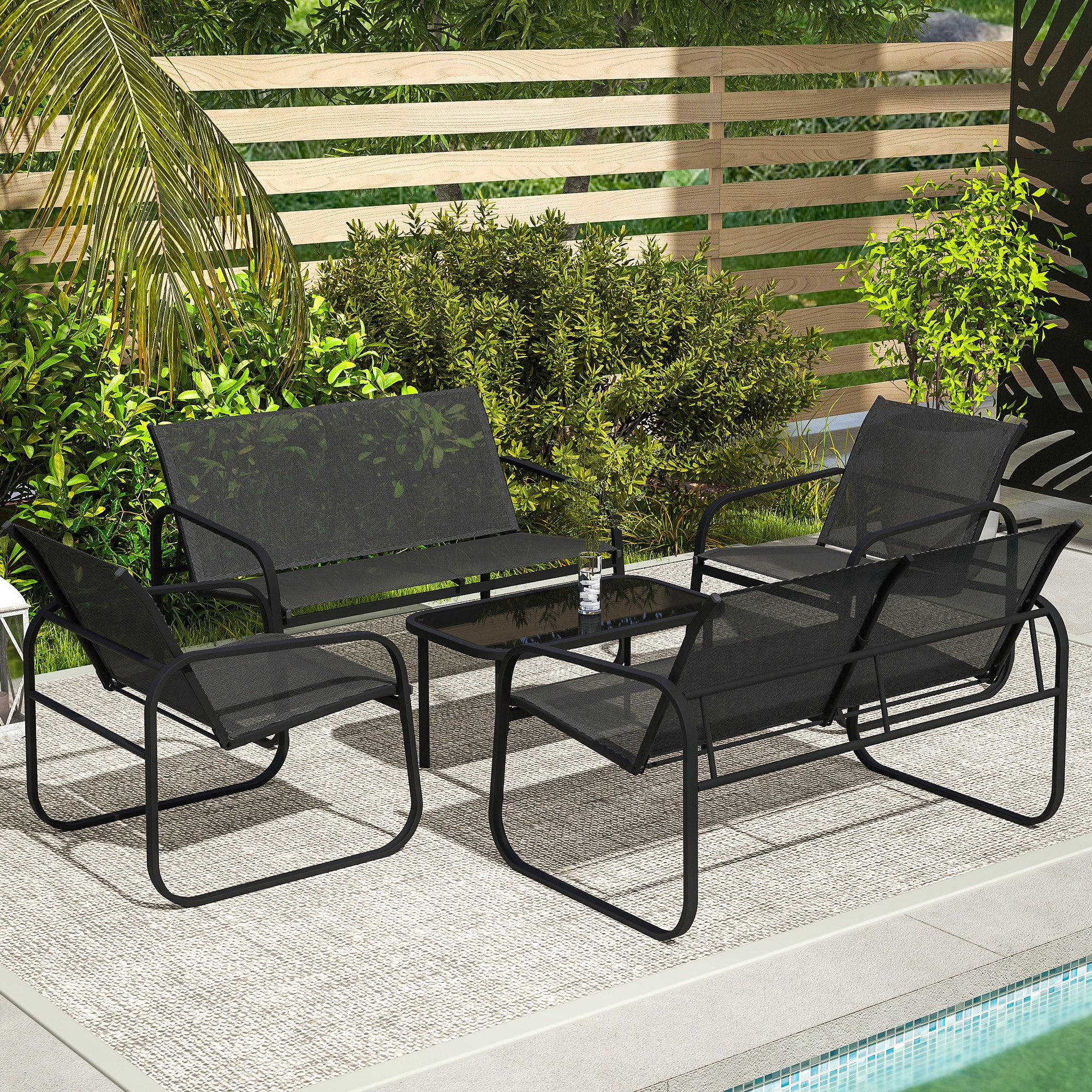 Garden Set with 2 2-Seater Sofas, 2 Armchairs and a Glass Top Coffee Table, Black