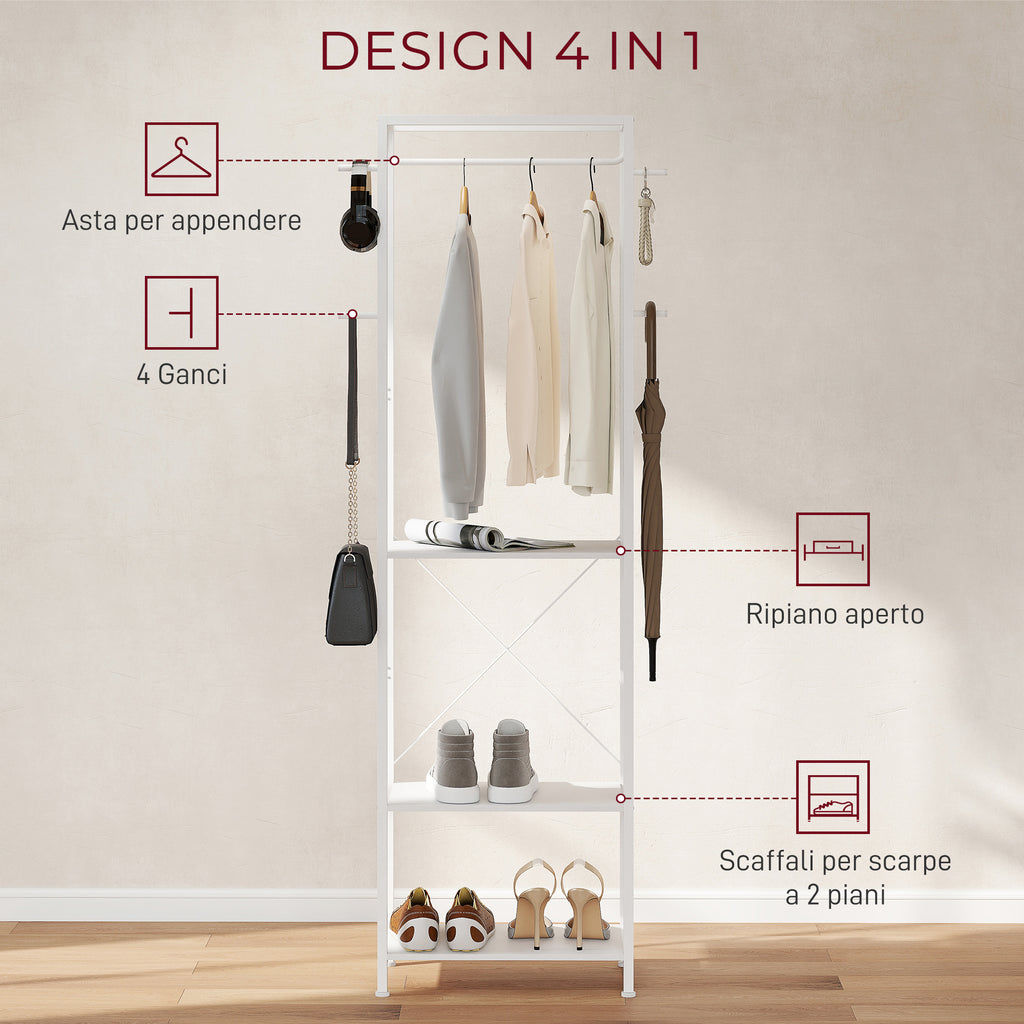 2-Tier Coat Rack with Shoe Rack, Clothes Rail, 4 Hooks, Top Shelf, 52x30x180 cm, White