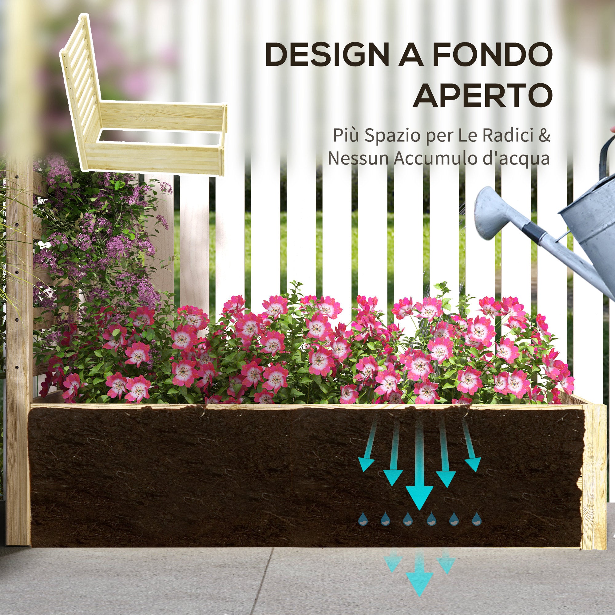 Planter with Trellis for Climbing and Open Bottom, in Fir Wood, 115x60x110 cm, Wood color