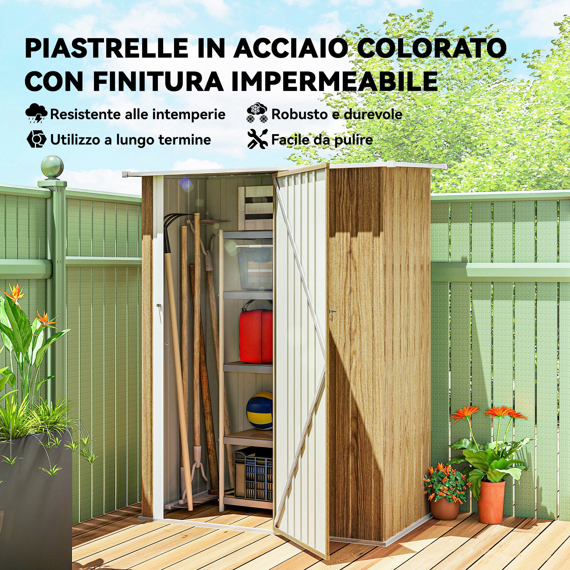 Outsunny Metal Tool Shed with Sloped Roof and Lockable Door, 142x86x189 cm, Wood Color