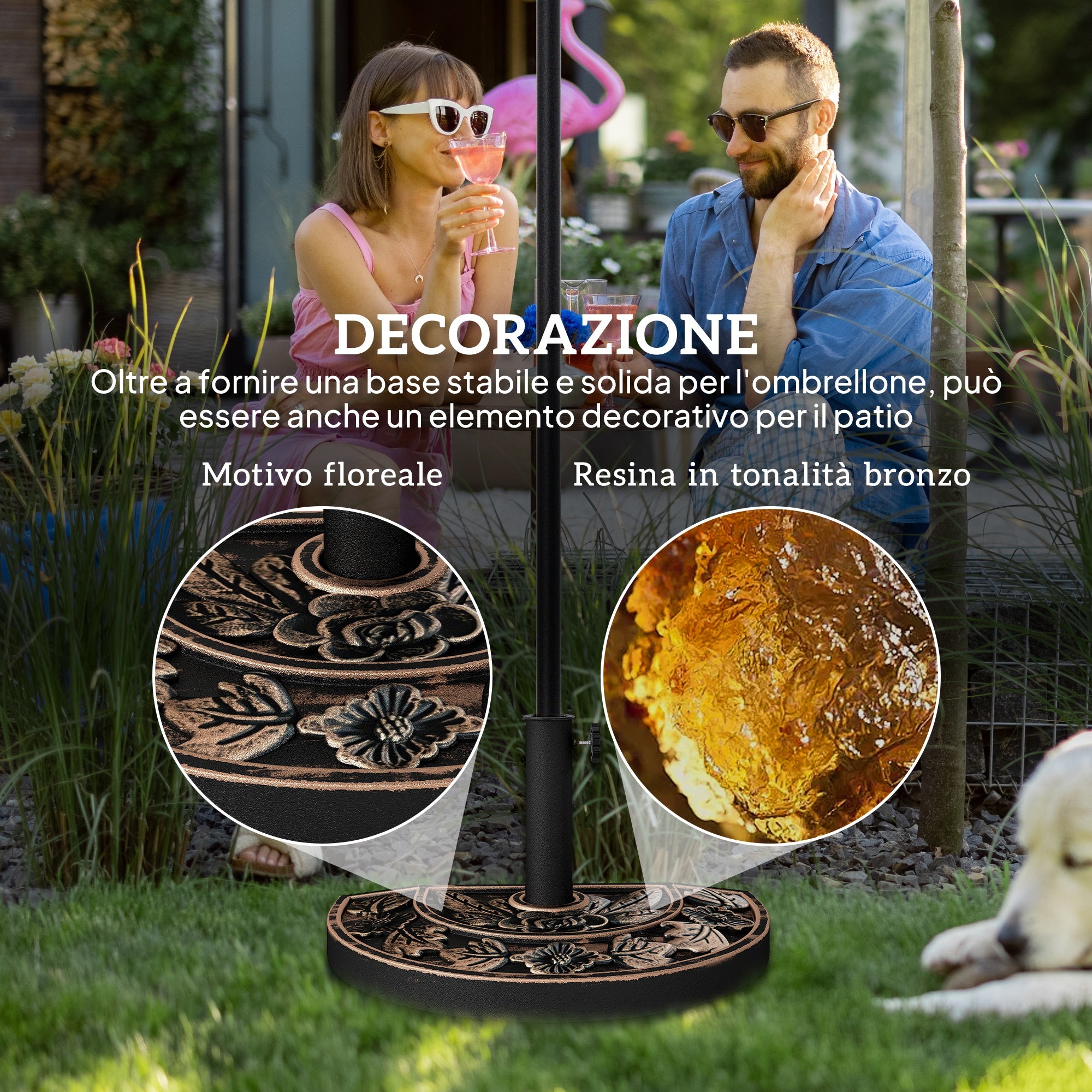 Half-Moon Umbrella Base Ø38 mm and Ø48 mm with Crank Handle, Resin Umbrella Base, 50x31x32 cm, Bronze