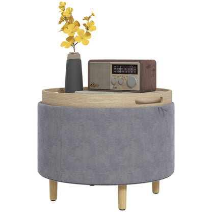 Velvet Storage Pouf 120 kg max with Flip-Top Tray, in MDF and Oak, 56x56x42 cm, Grey