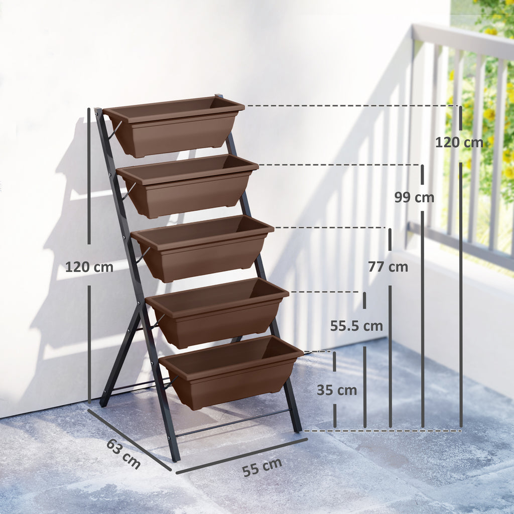 Outsunny 5-Tier Vertical Plant Stand with 5 Pots with Drainage Holes, Steel and PE, 55x63x120 cm, Brown