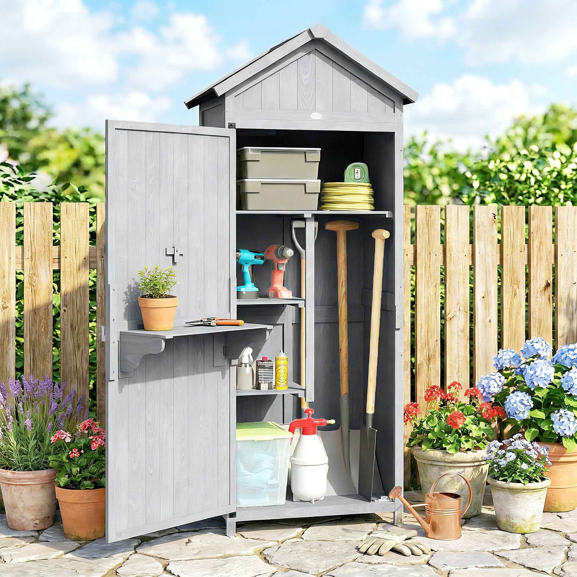 Outsunny Wooden Shed, 77x52.5x178cm, Wardrobe with Folding Workbench