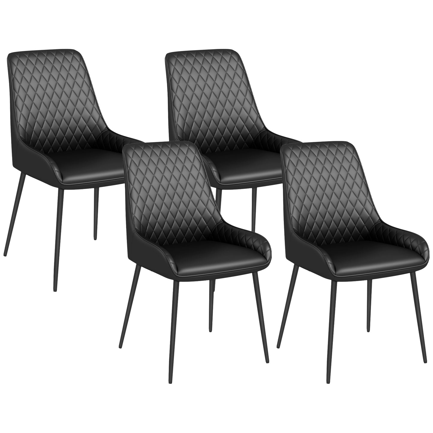 Set of 4 Padded Dining Chairs, Ergonomic and Diamond Quilted, in PU Leather and Steel, 49x60x89 cm, Black