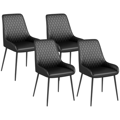 Set of 4 Padded Dining Chairs, Ergonomic and Diamond Quilted, in PU Leather and Steel, 49x60x89 cm, Black