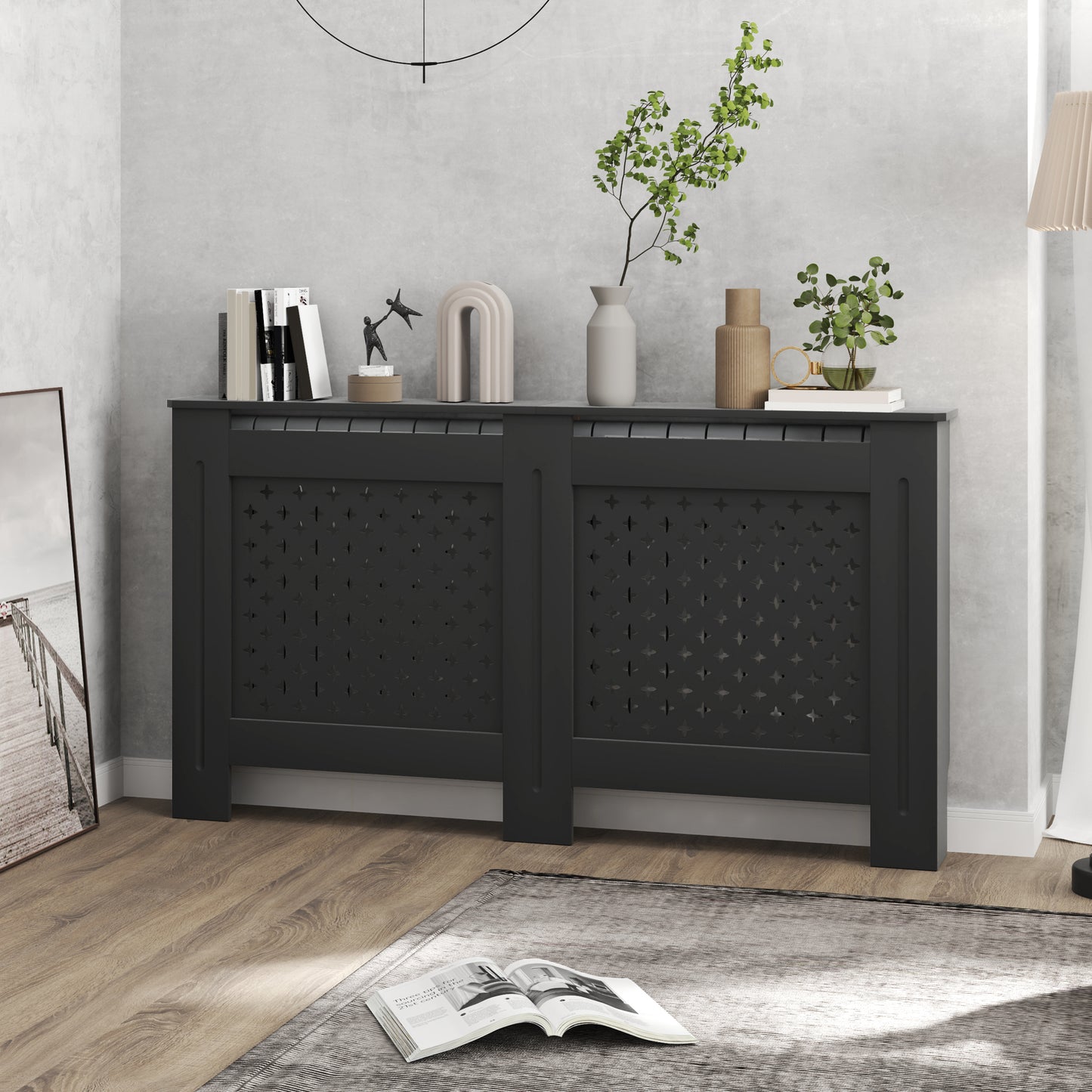 Cross-Drilled MDF Wood Radiator Cover with Shelf and Wall Fixing, 152x19x82 cm, Black