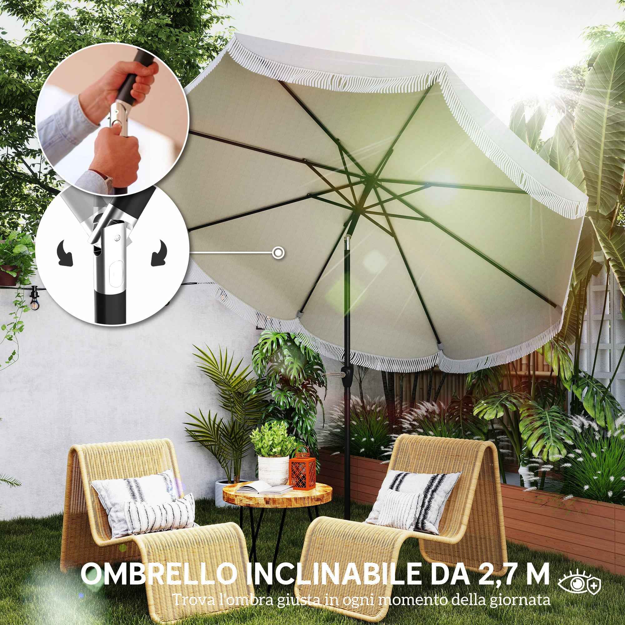 Outsunny 2.7x2.4 m Round Garden Umbrella with Crank Handle, Metal and Polyester, Light Grey