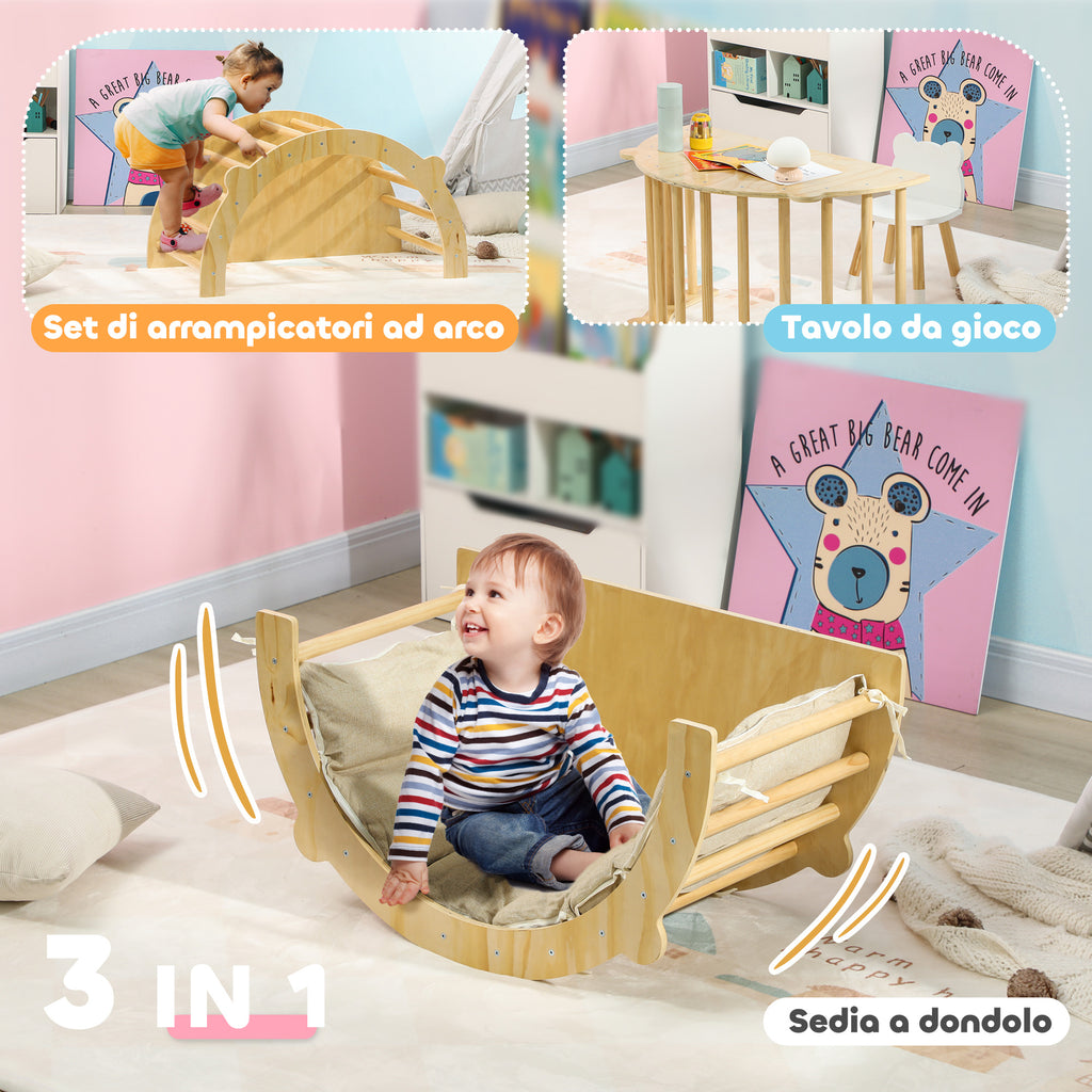 3-in-1 Montessori Arch for Children 18-48 Months, Climbing Frame, Table and Swing with Cushion