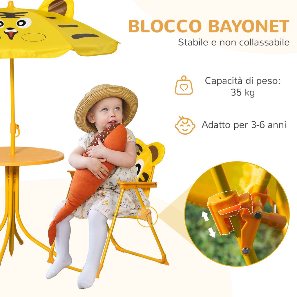 Outsunny 4-Piece Kids Outdoor Set with 2 Chairs, Umbrella, and Round Table, Steel and Yellow Oxford Fabric