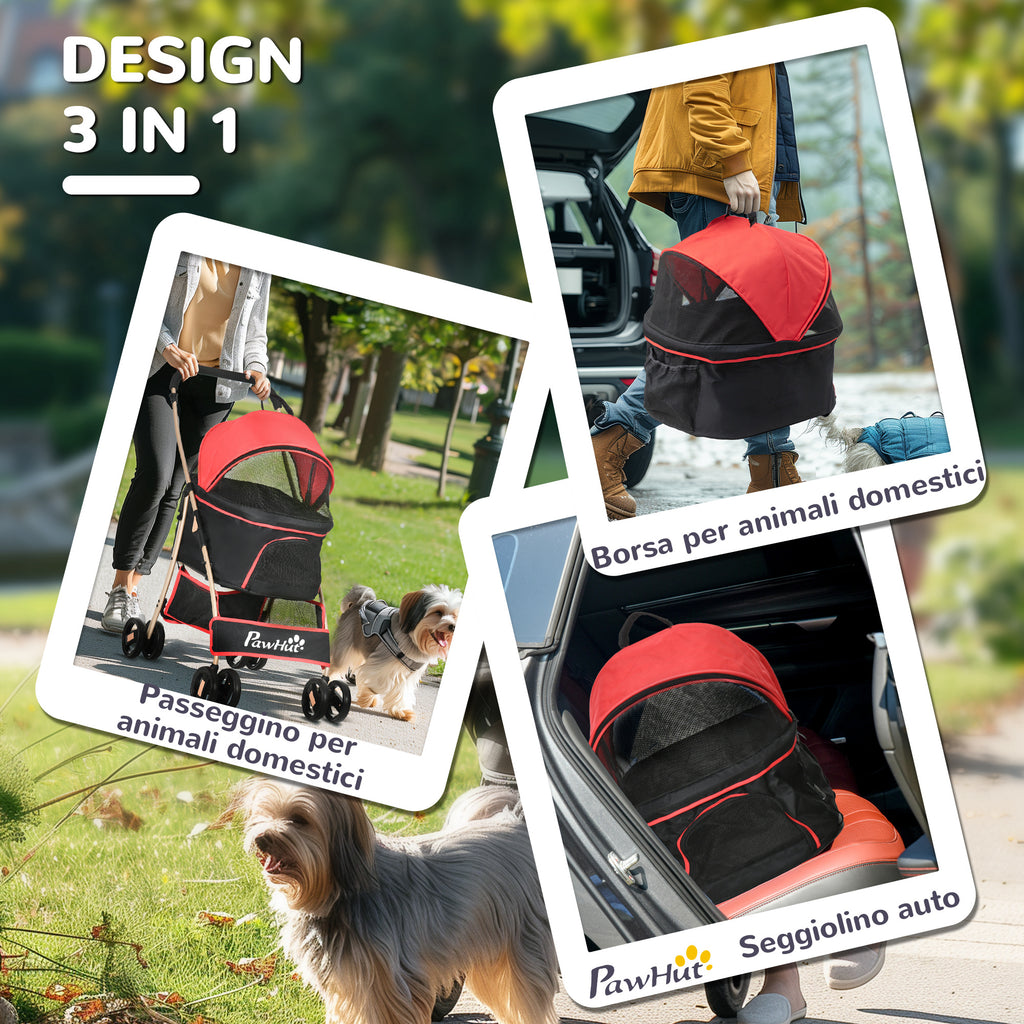Convertible Dog Stroller with 2 Leashes and Cushion, in Steel and Polyester, 82x49.5x98 cm, Red and Black