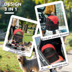 Convertible Dog Stroller with 2 Leashes and Cushion, in Steel and Polyester, 82x49.5x98 cm, Red and Black