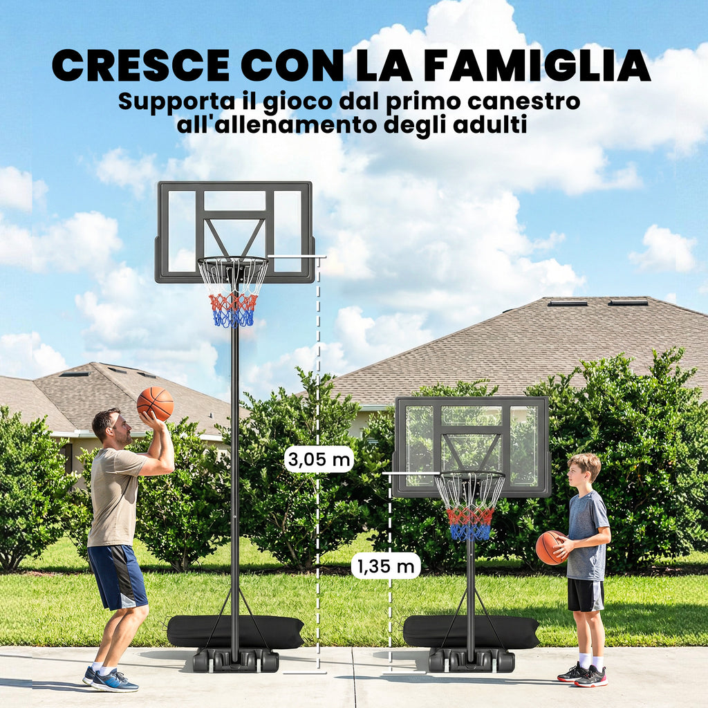 SPORTNOW Basketball Hoop with Adjustable Height 1.3-3m, Fillable Base and Wheels, Black