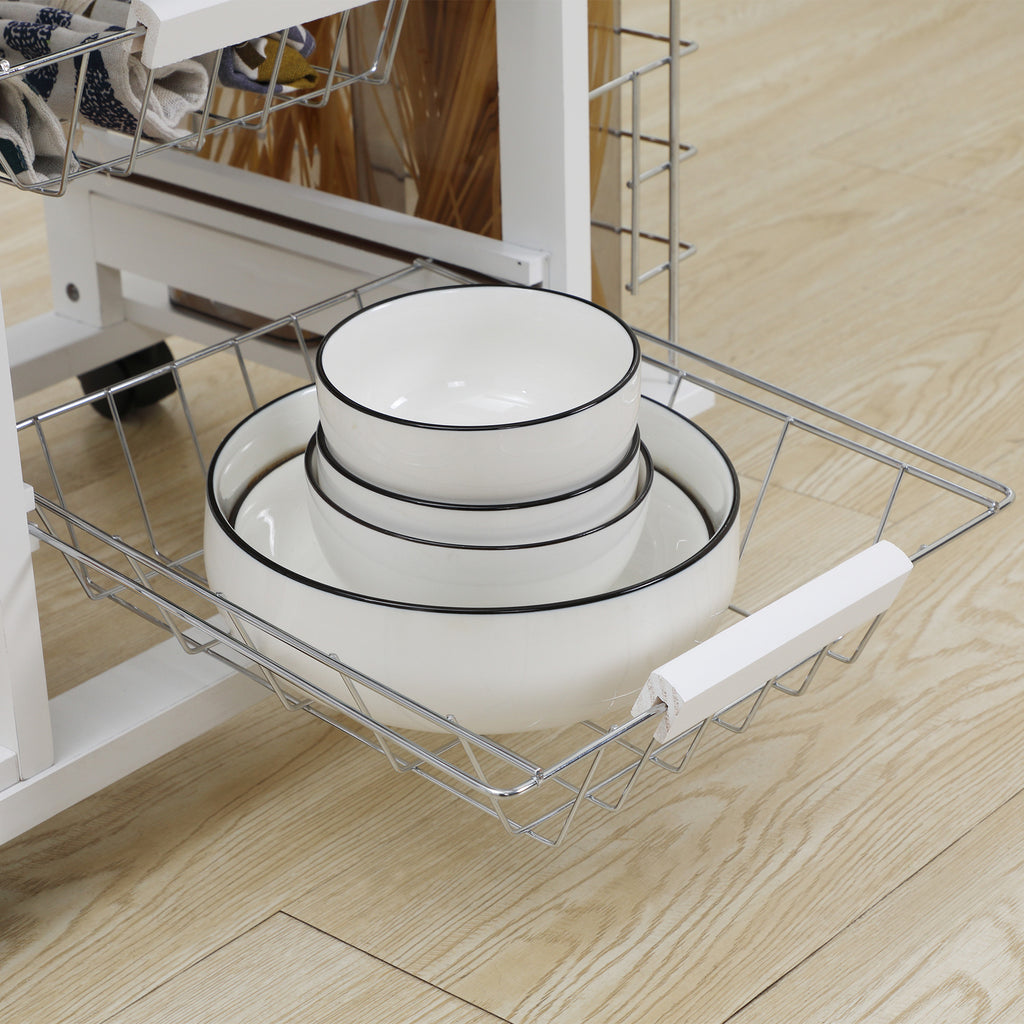 Kitchen Trolley with Drawer, 4 Baskets and 4 Shelves, in Metal, Ceramic and Wood, 57x37x83 cm, White