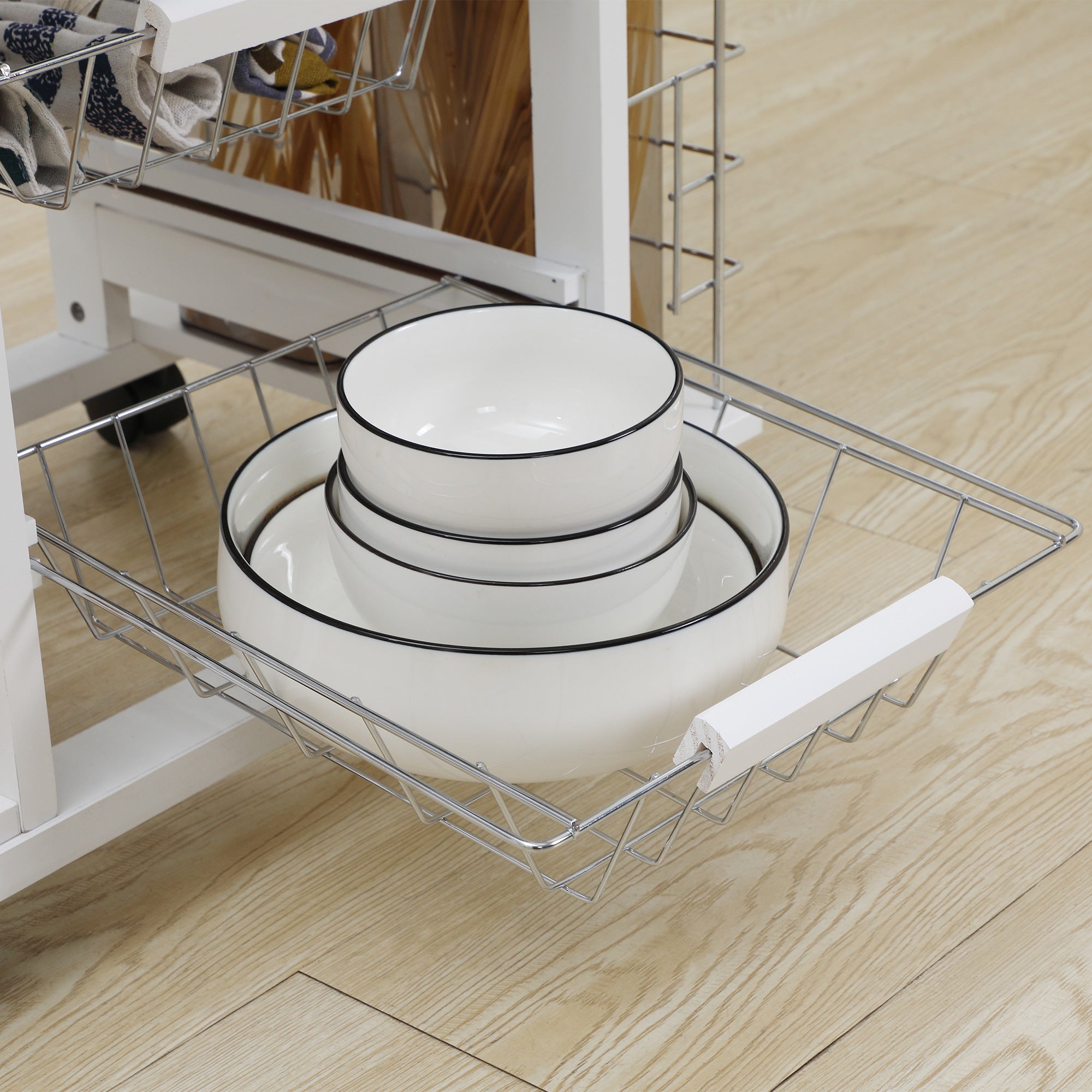Kitchen Trolley with Drawer, 4 Baskets and 4 Shelves, in Metal, Ceramic and Wood, 57x37x83 cm, White