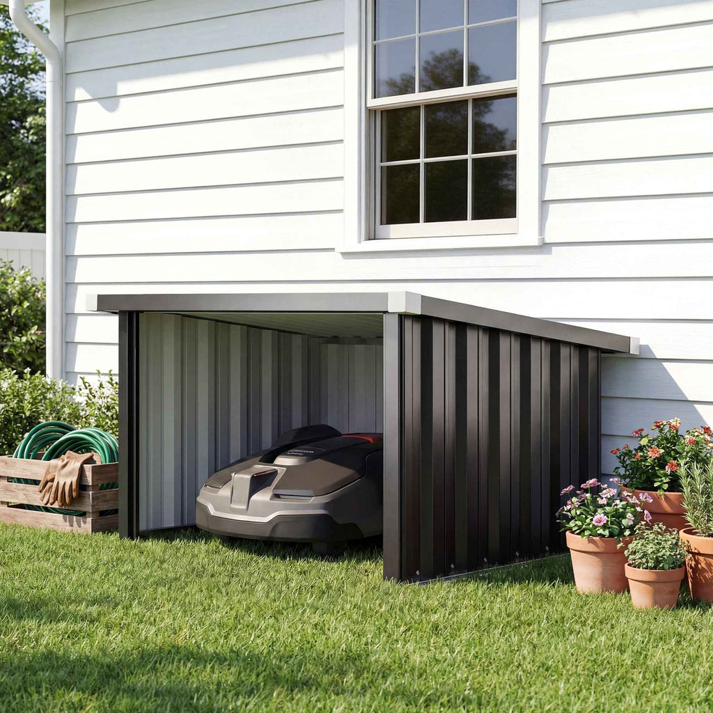 Outsunny Garage for Robot Lawn Mower with Sloped Steel Roof, 108x86x62.5 cm, Dark Grey
