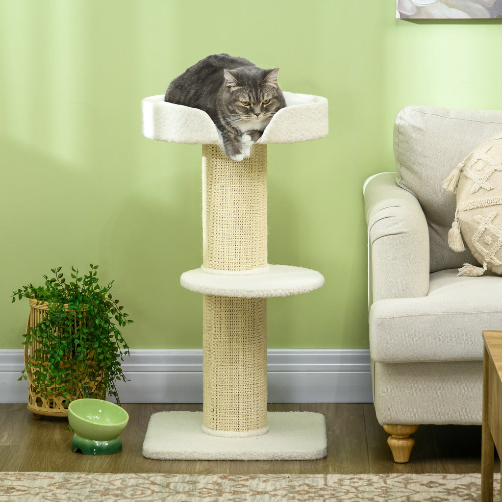 PawHut Cat Scratching Post with Bed, Plush Cover and Sisal Pole, 45x45x91cm, Cream