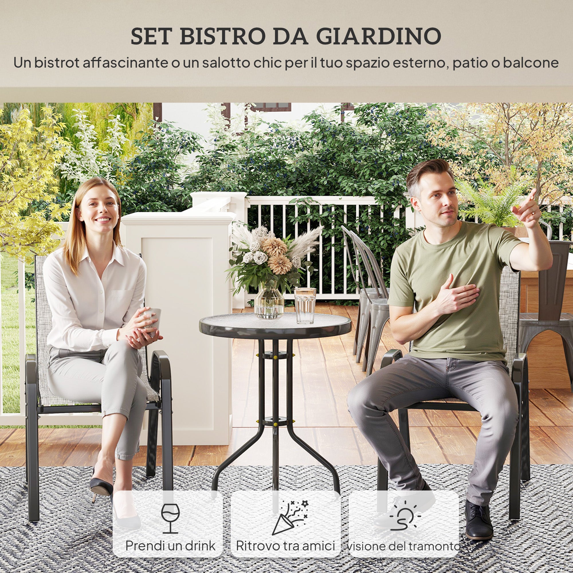 Outsunny 3-Piece Garden Set with 2 Garden Chairs 54x71x93 cm and Round Table Ø60x71 cm in Grey Steel