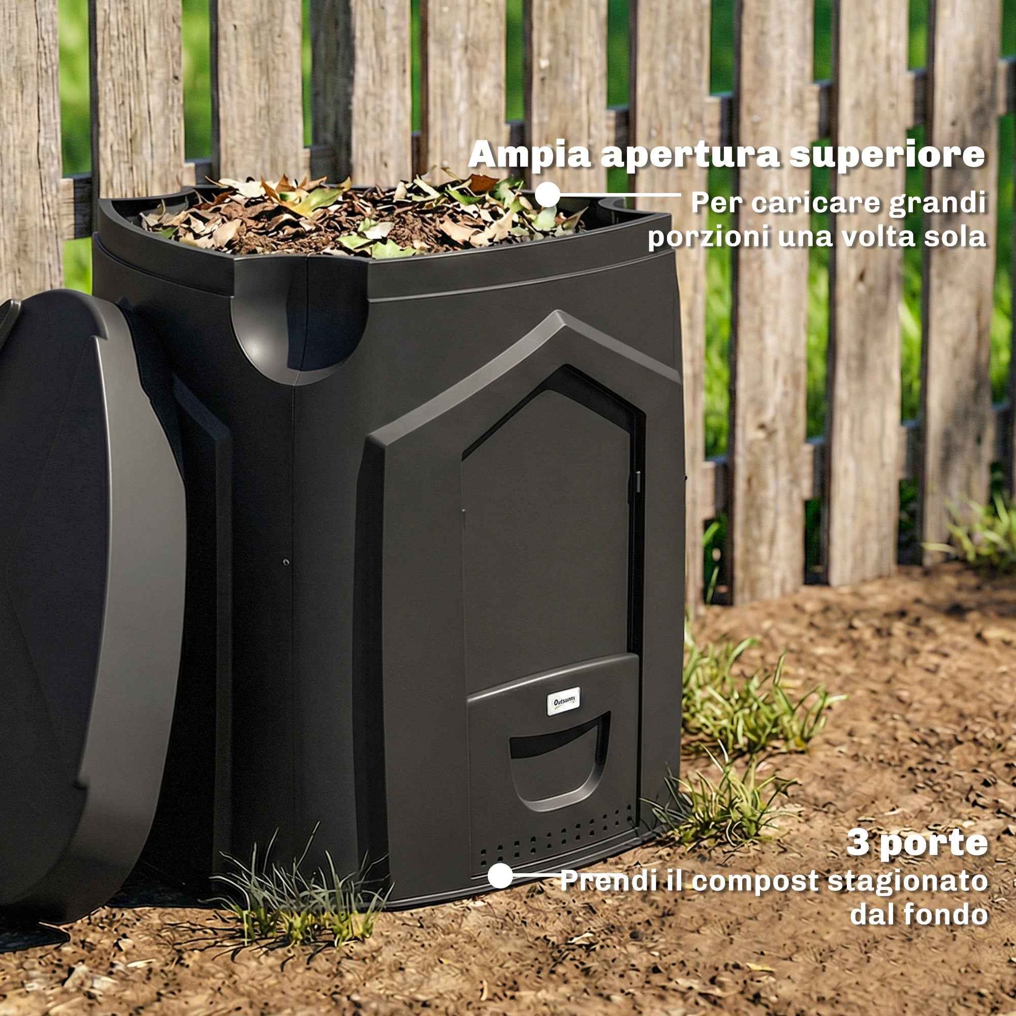Outsunny Rotating Triangular Garden Composter with 3 Doors, 78x75x78 cm, Black