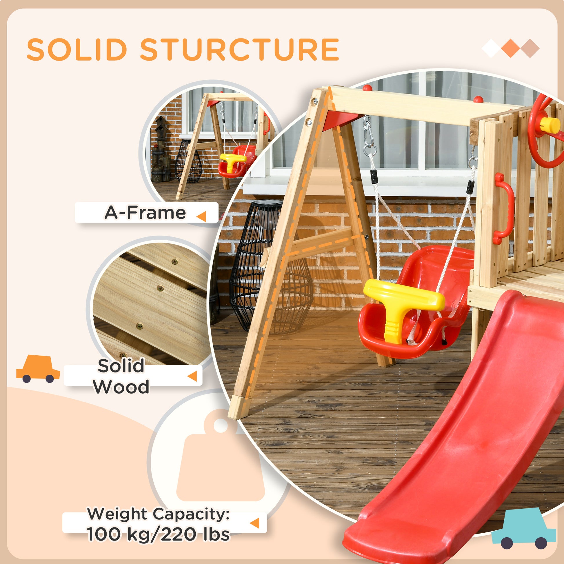 Outsunny set with slide and garden swing for children age 18-48 months, in wood and plastic, red - Borgè