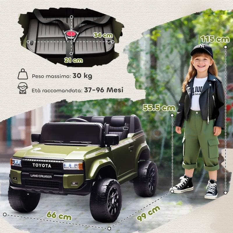 Toyota Land Cruiser 12V Electric Ride-On Toy Car with Remote Control, Ages 3-8, Green