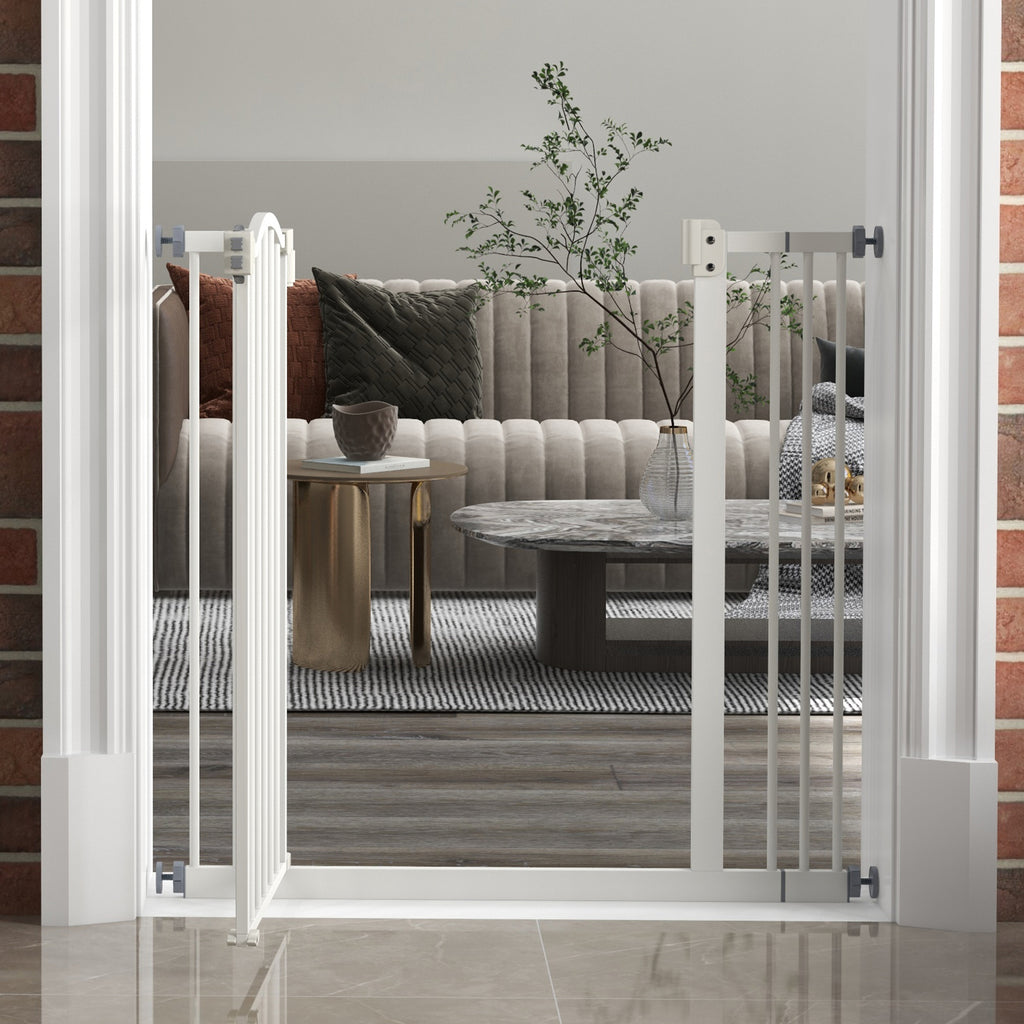 Extendable Dog Gate with 2 Locks and Self-Locking, Metal and Plastic, 74-87x78 cm, White