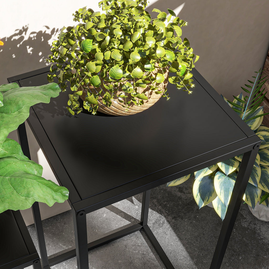 Plant Stand Table Set of 2 in Steel for Indoor and Outdoor Use, 25x25x58.5 cm and 31x31x65 cm, Black