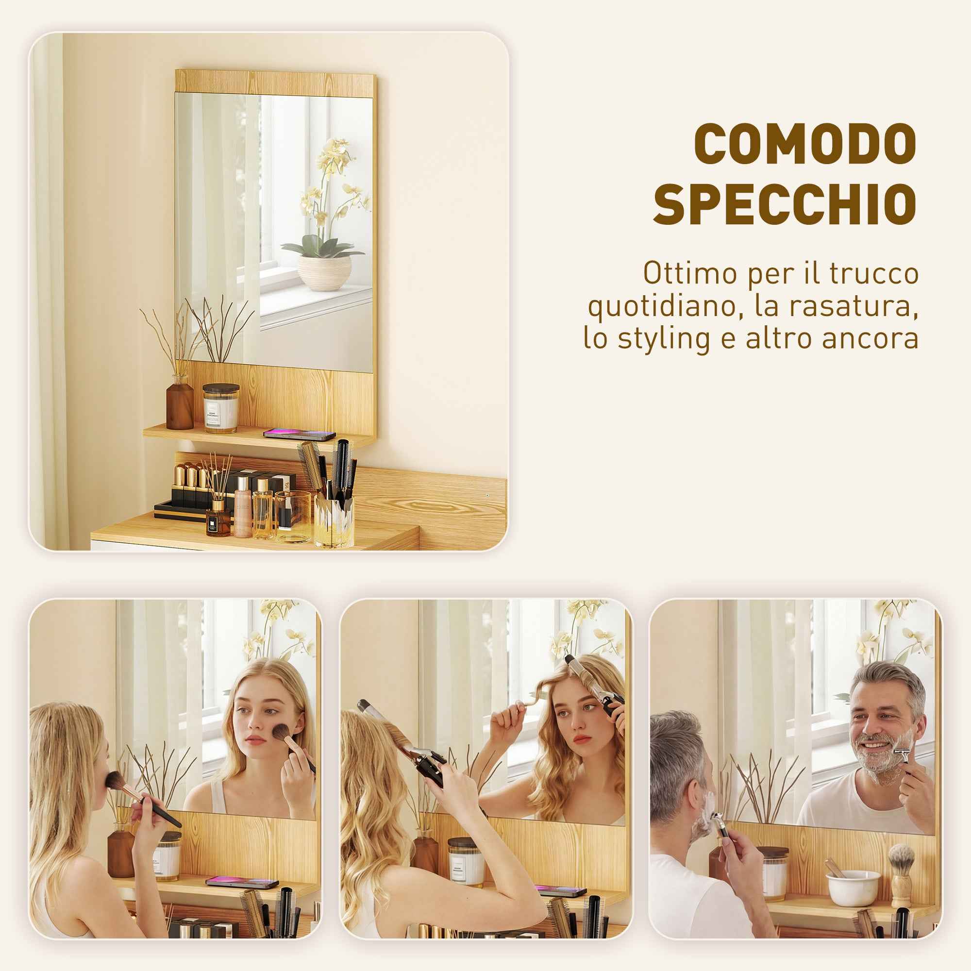 Hallway Set with Mirror, Shelf, Wall Cabinet with Drawer and 2 Open Shelves, Wood and Glass