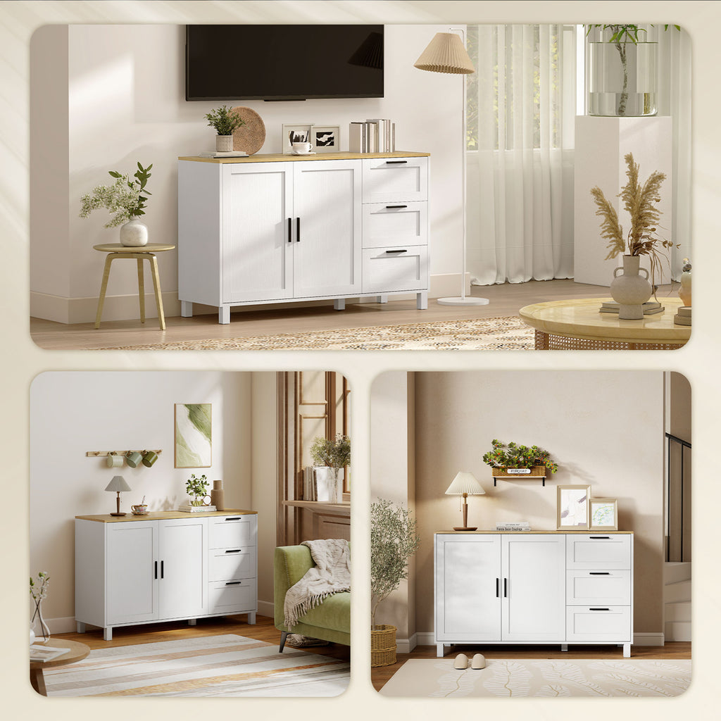 Kitchen Cabinet with 3 Drawers and 2 Soft-Close Doors, Adjustable Shelves, 120x38x76 cm, White