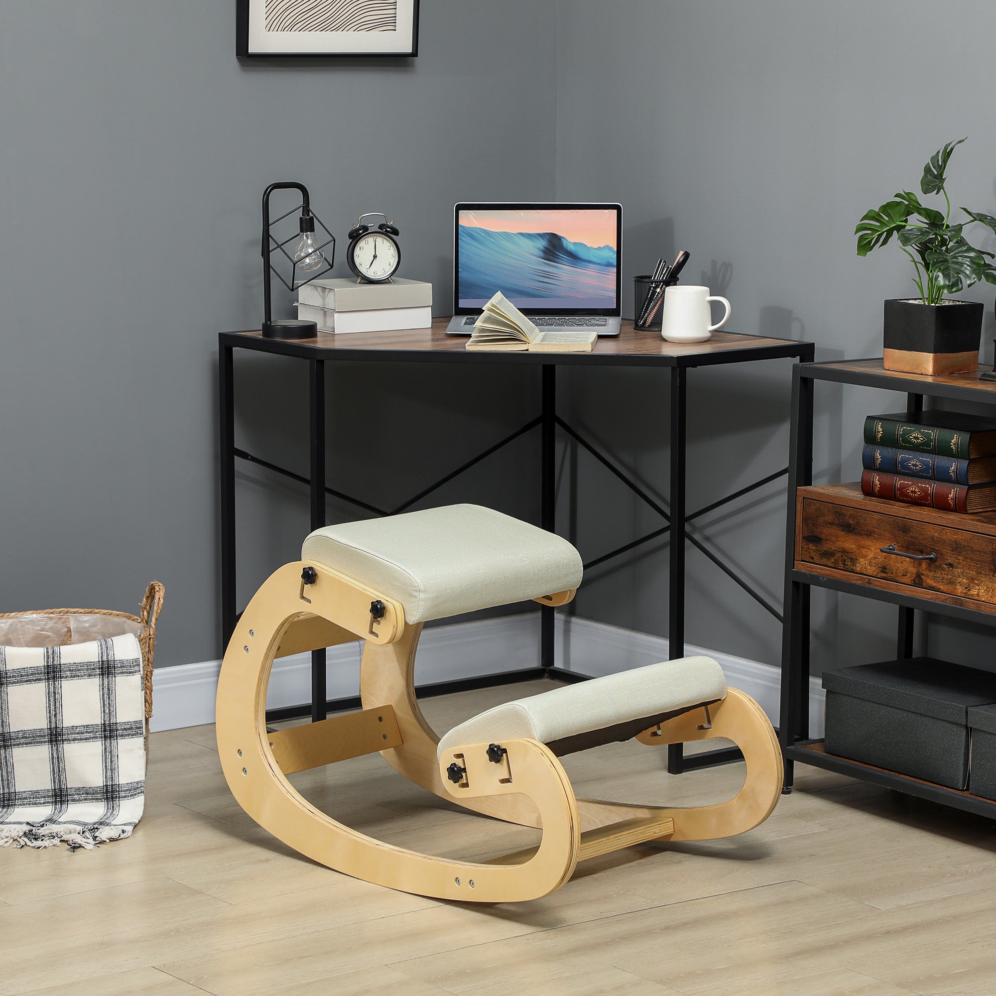 6-Position Adjustable Kneeling Chair in Linen-Effect Fabric and Birch Wood, 55x85x55 cm, Cream