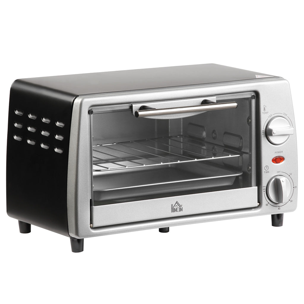 Electric Oven 10L Adjustable Temperature and Timer, Grill and Baking Tray Included, 750W, 36.5x26x22cm, Silver Black - Borgè