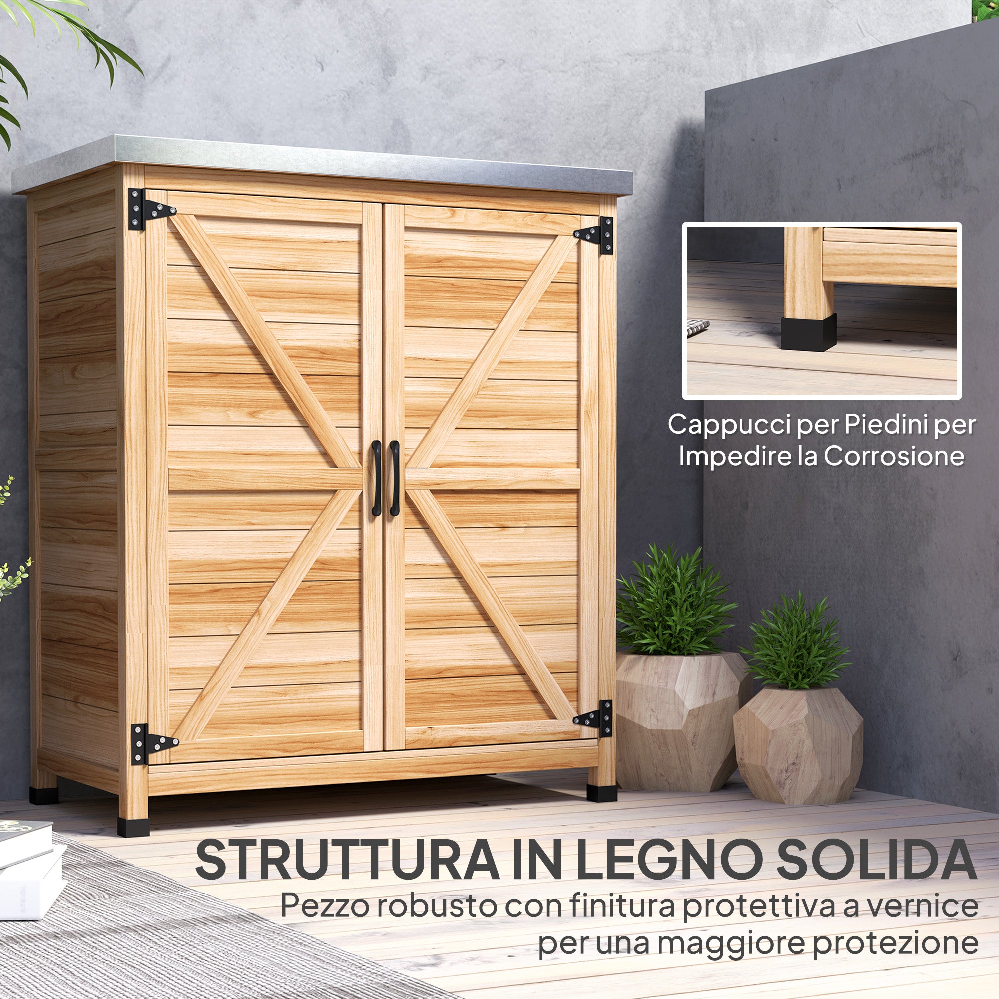 Outdoor Cabinet with Internal Shelf and Work Bench, in Wood and Galvanized Steel, 79x43x92 cm, Wood color