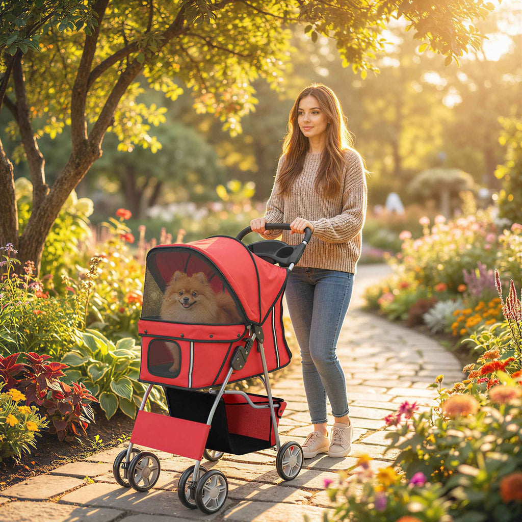 PawHut Folding Dog Stroller with Reflectors, Swivel Wheels, Brakes, and Washable Cushion, Red