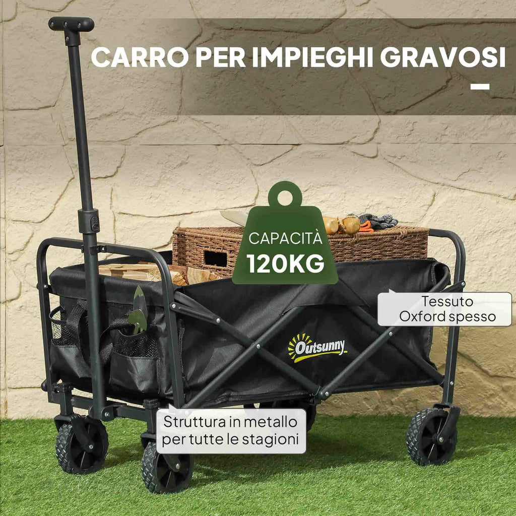 Outsunny 62L Folding Garden Cart with Adjustable Handle, Metal and Oxford Fabric, 76x48x86 cm, Black