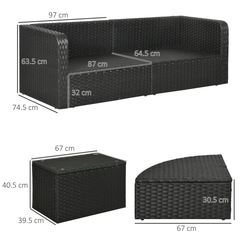 Garden Lounge Set with 2 Chairs and 2 Footstools in PE Rattan, Glass Coffee Table, Black - Borge' Group Limited