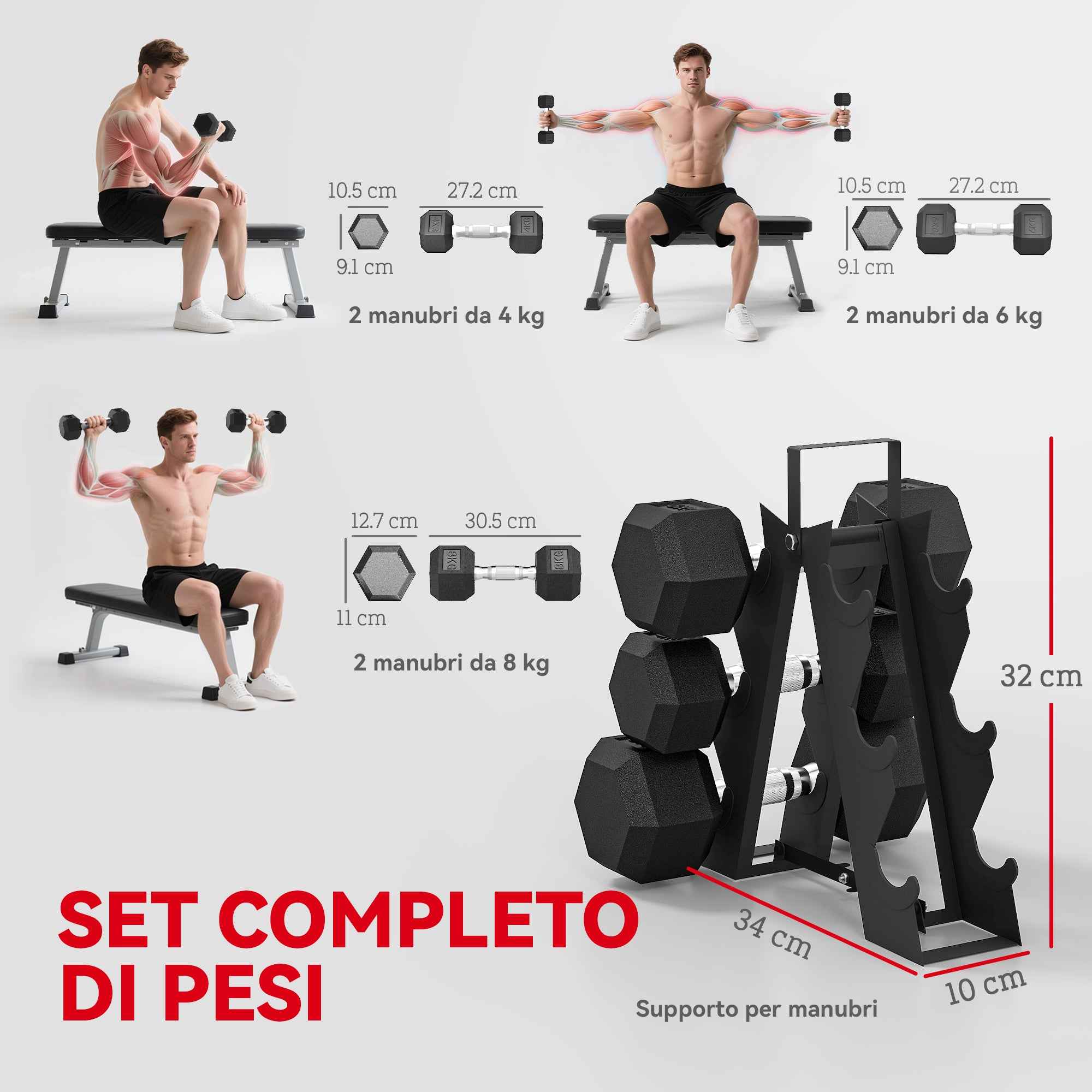 SPORTNOW Gym Dumbbell Set with Metal Stand and Non-Slip Grip, 2x4kg, 2x6kg, 2x8kg, Black