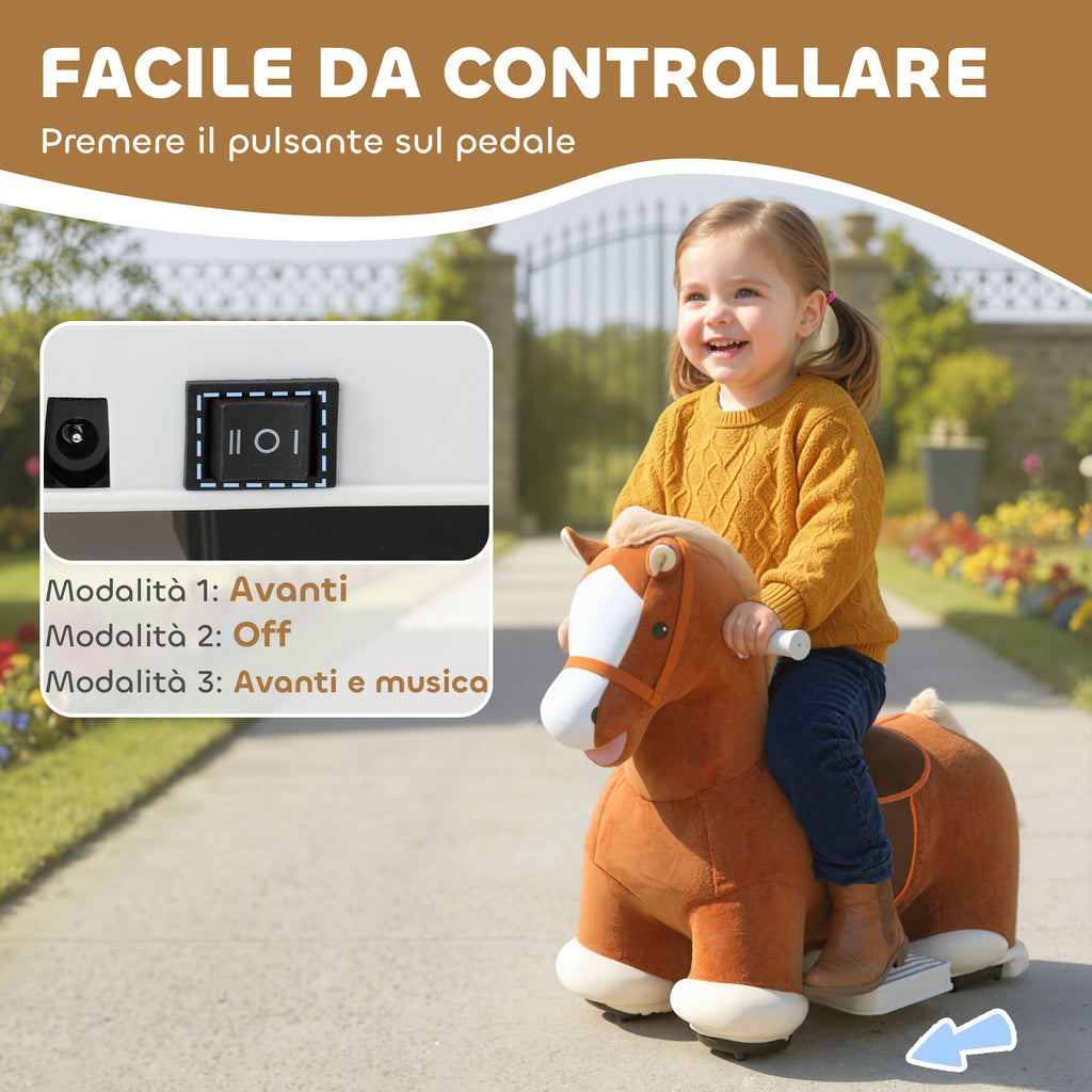 AIYAPLAY Electric Horse for Children with Pedals, Wheels and Sounds, Plush and Metal, 74x34x51 cm, Brown