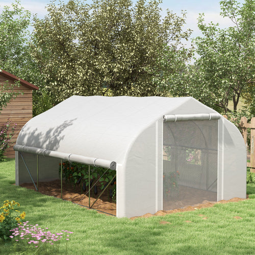 Outsunny 4x3m Tunnel Garden Greenhouse with PE Cover, Door and 8 Roller Windows, White - Borgè