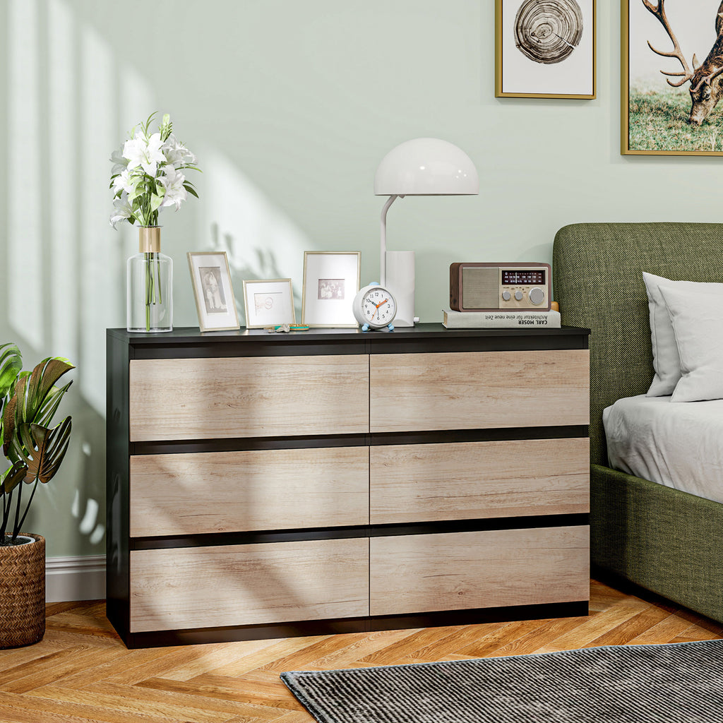Chest of 6 Drawers for the Bedroom in Wood with Metal Guides, 120x39x75 cm, Black and Wood Color