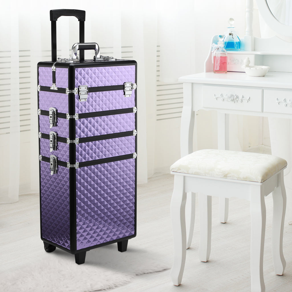 Professional Makeup Case, Aluminum Travel Makeup Trolley, 2 Wheels, Purple 33.5x23x76/95.5cm