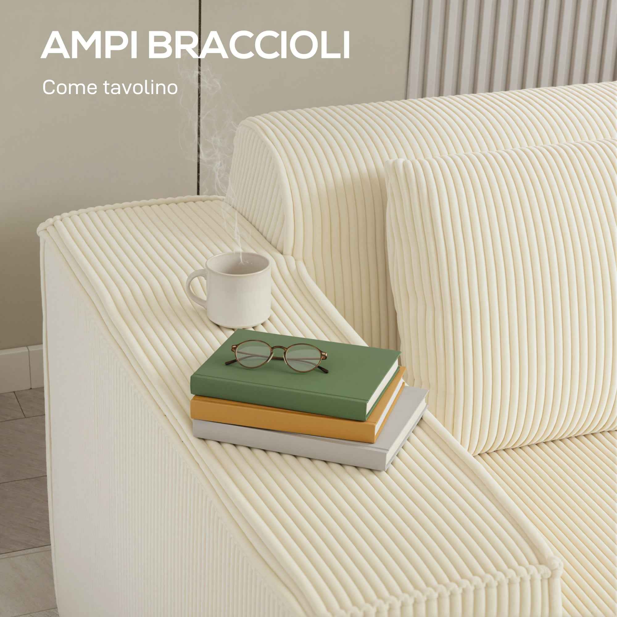 HOMCOM 3-Seater Modular Sofa with Deep Seat, Wide Armrests, and 2 Corduroy Cushions, Beige