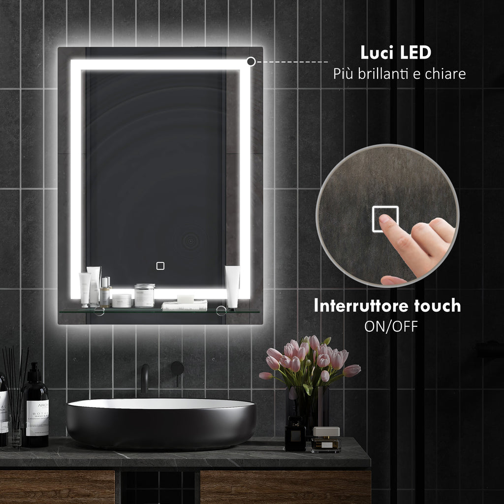 3 Color Adjustable LED Light Bathroom Mirror with Glass Shelf, 50x12x70cm, Silver