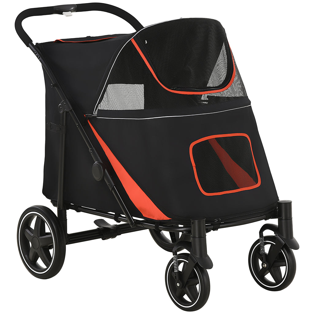 Foldable Dog Stroller with Zipper Entrances and Mesh Windows, 112x65x100 cm, Red and Black