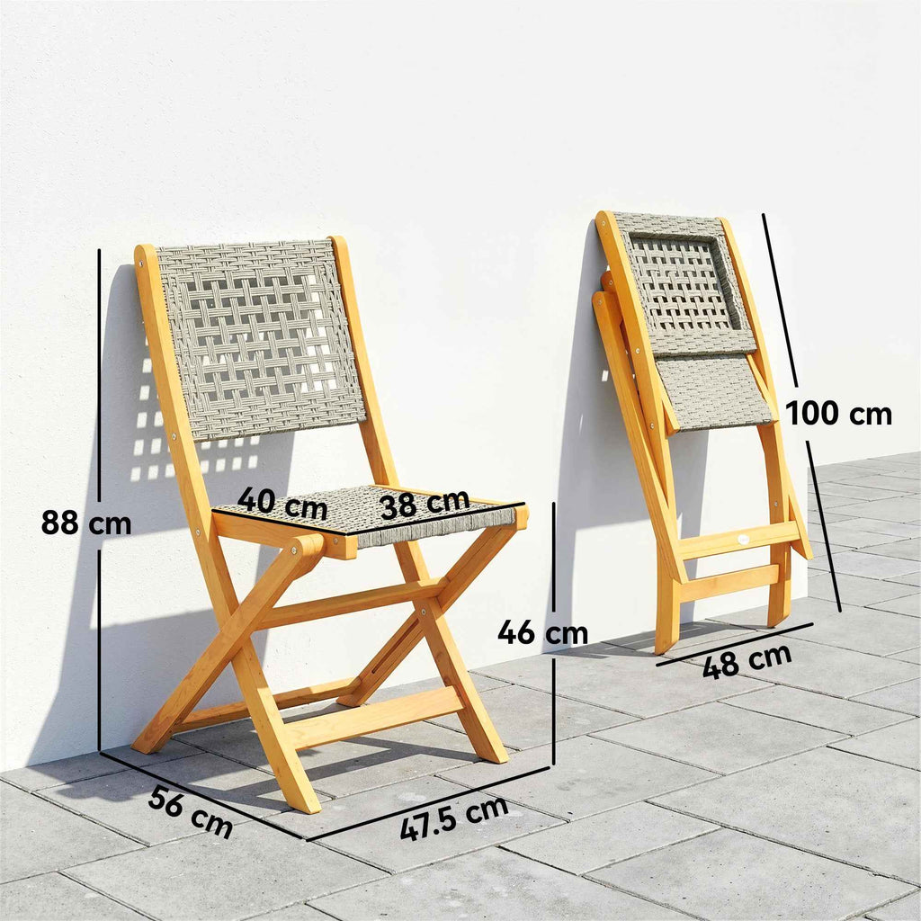 Outsunny Set of 2 Folding Garden Chairs in PE Rattan and Acacia Wood, Supports up to 160 kg, Grey