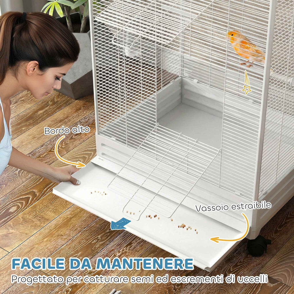 PawHut Wheeled Bird Aviary with Removable Tray, Perches and Feeders, Steel, 79x65x155 cm, White