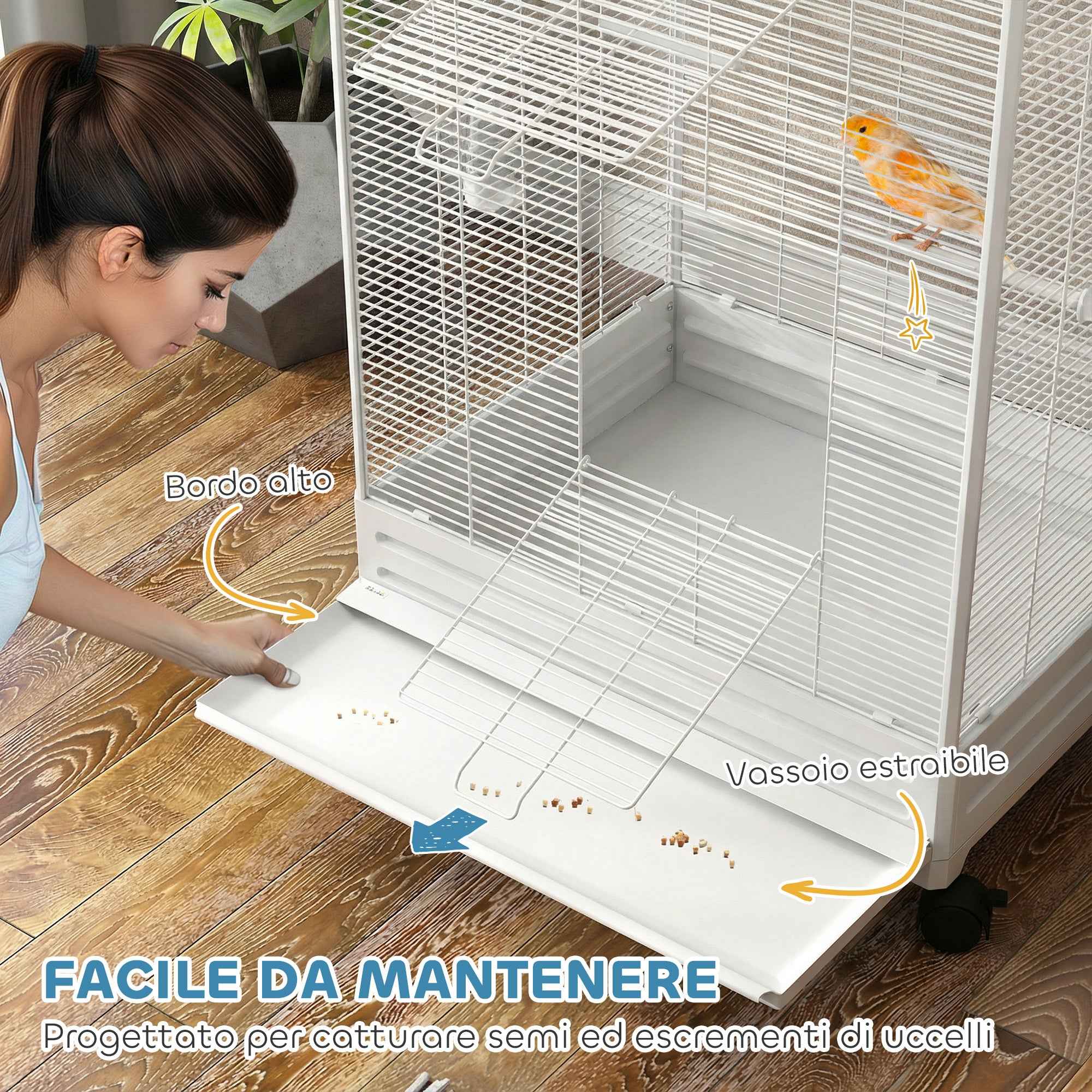PawHut Wheeled Bird Aviary with Removable Tray, Perches and Feeders, Steel, 79x65x155 cm, White