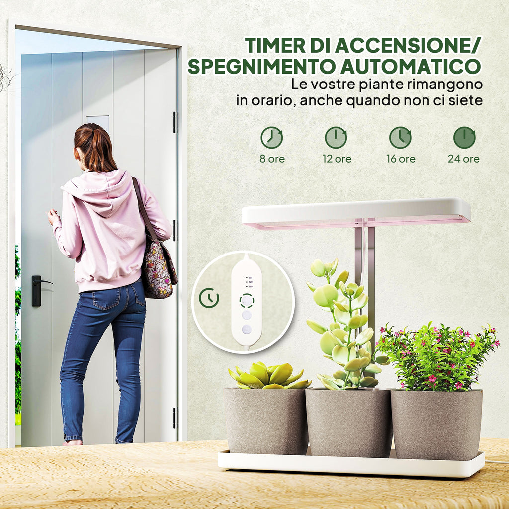 42 LED Plant Lights with 3 Pots, Timer and Dimmable Lighting, 45x18.8x47.8 cm, White