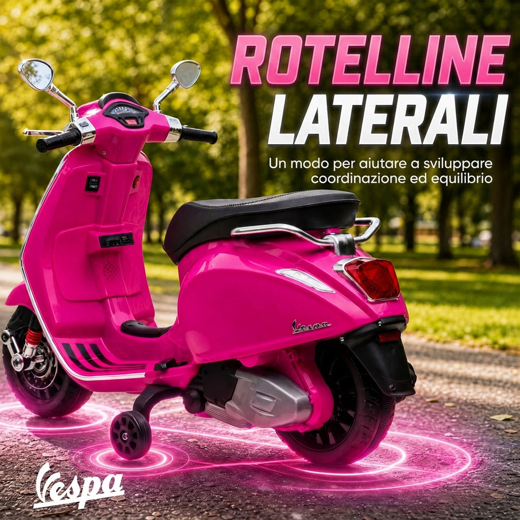 AIYAPLAY Licensed Children's Electric Motorcycle Vespa with Training Wheels, Headlight and Music, Made of PP and Metal, 107x47x73 cm, Pink