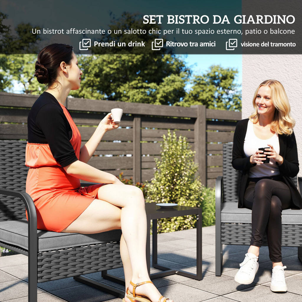 Outsunny Rattan Garden Lounge Set with 2 Outdoor Armchairs and Glass Top Coffee Table, Black