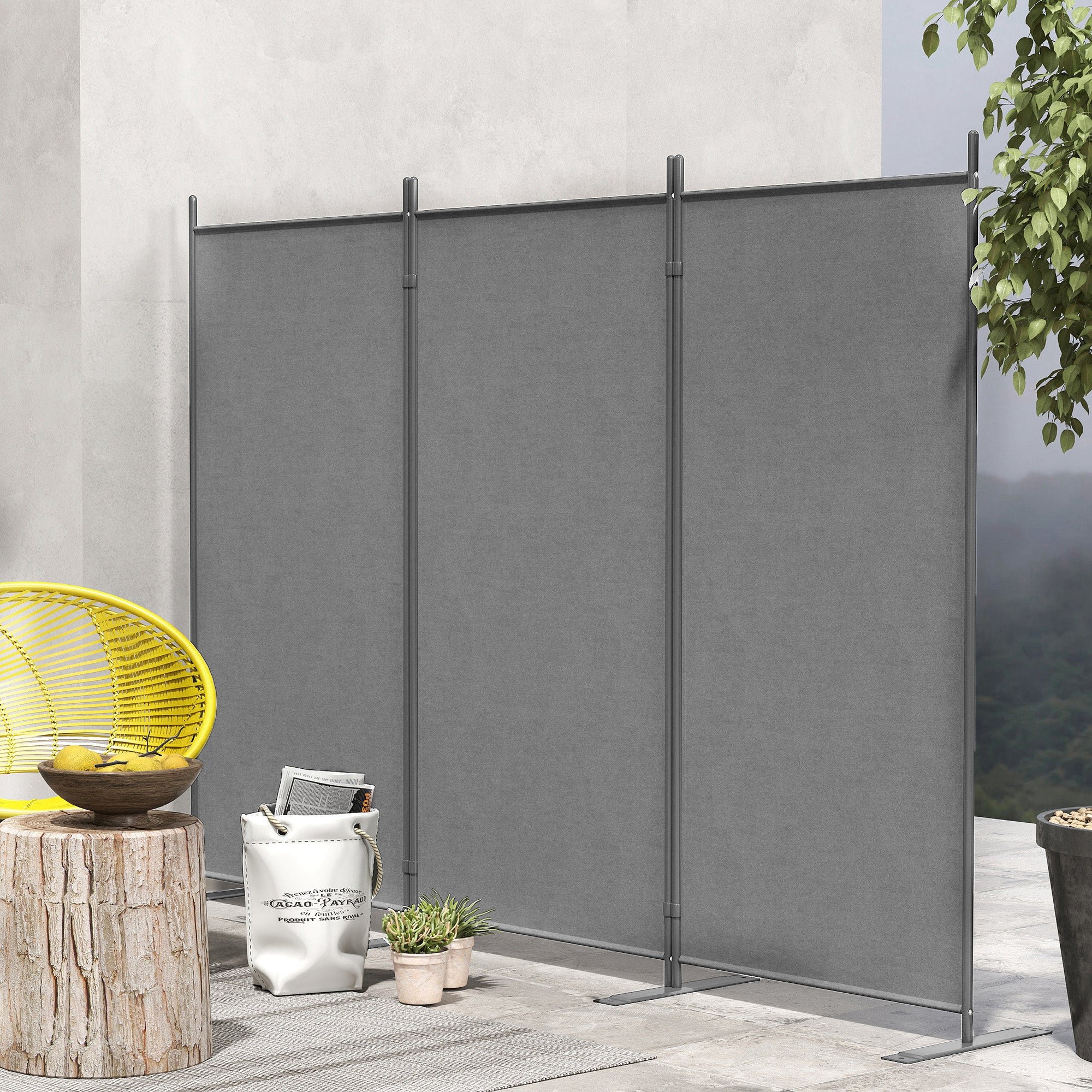 Outdoor Screen with 3 Folding and Adjustable Panels, in Polyester and Metal, 252x44x176 cm, Charcoal Gray